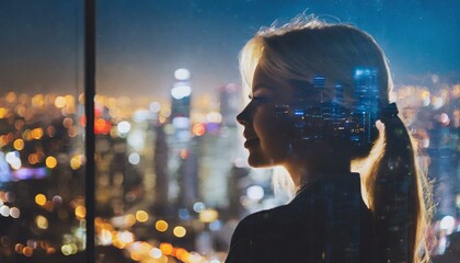 Silhouette of woman superimposed on city skyline - obrazy, fototapety, plakaty