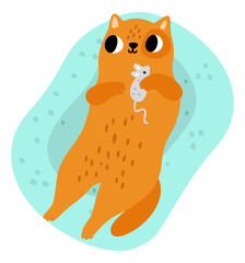 Ginger cat playing with mouse toy. Cute pet