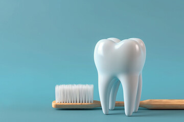White Healthy Human Tooth With a Bamboo Toothbrush on Blue Background