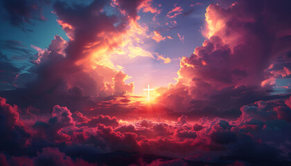 Christian Easter conceptual religious symbol on a colorful sky at sunset