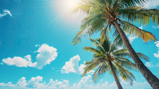 Coconut palm trees along the beach with blue sky background in sunny day. Palm trees dancing in the breeze