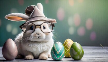 Illustration of a bunny wearing glasses and a hat with Easter eggs in the composition.
