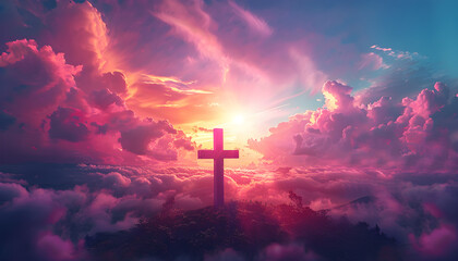 Christian Easter conceptual religious symbol on a colorful sky at sunset - obrazy, fototapety, plakaty