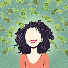 Illustration of a smiling woman with money raining down on a green background