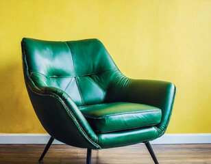 Joli fauteuil en cuir vert ancien dans une pièce vide aux murs jaunes, du parquet au sol 