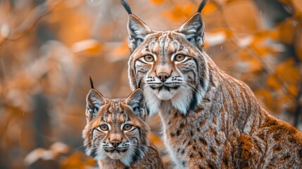 Obraz premium Male lynx and cub portrait with space for text, object on right side, perfect for adding information
