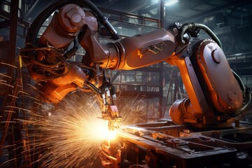 An industrial robot welding metal parts
