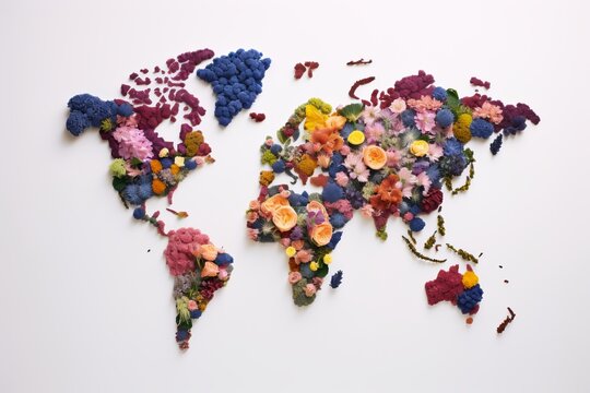Stunning floral map depicting the world's continents and countries in vibrant colors and intricate details