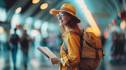 Travel, vacation or business concept. Airport and excited woman with backpack. Setting off on a journey! Woman with backpack at the airport. - obrazy, fototapety, plakaty
