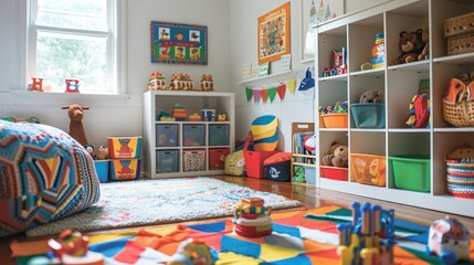 Gender-neutral clothing and toys in a bright, welcoming childrens room