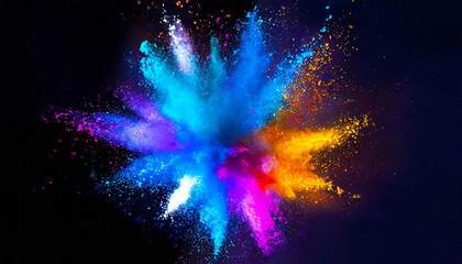 Explosion splash of colorful powder with freeze isolated on black background, abstract splatter....