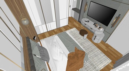 3d rendering of the modern bedroom bedroom has curved wooden walls, a wooden floor, a double bed on a gray carpet, two bedside tables with books and plants, and a large window.