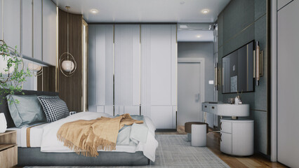 3d rendering of the modern bedroom bedroom has curved wooden walls, a wooden floor, a double bed on a gray carpet, two bedside tables with books and plants, and a large window.
