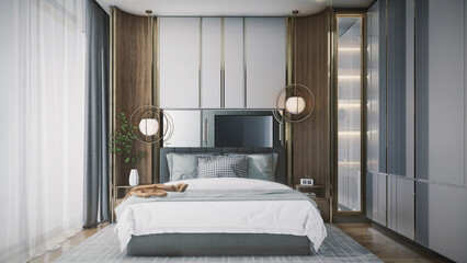 3d rendering of the modern bedroom bedroom has curved wooden walls, a wooden floor, a double bed on a gray carpet, two bedside tables with books and plants, and a large window.
