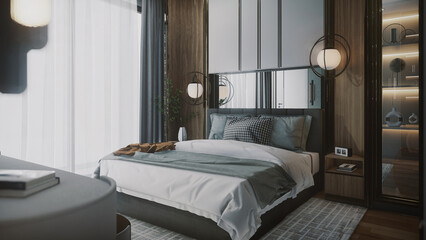 3d rendering of the modern bedroom bedroom has curved wooden walls, a wooden floor, a double bed on a gray carpet, two bedside tables with books and plants, and a large window.