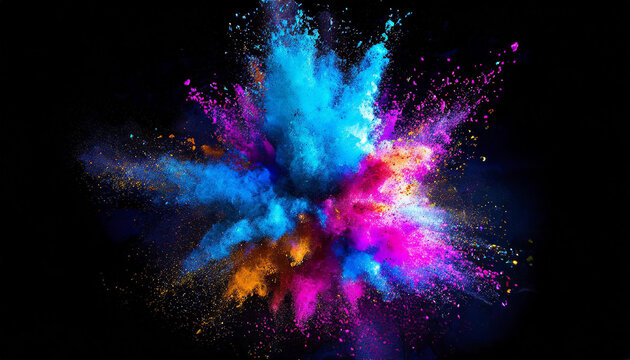 Explosion splash of colorful powder with freeze isolated on black background, abstract splatter. Generative AI