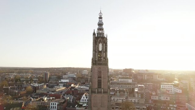 Aerial video above Onze Lieve Vrouwetoren Amersfoort Netherlands