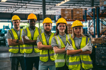 Group of various national engineer professional successful team corporate workers standing in factory, teamwork technician inspector of manufacturing industry workplace, foreman occupation job - 763442531