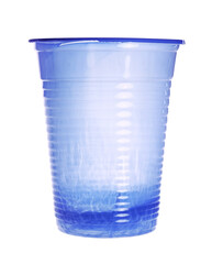 Empty blue transparent plastic cup, disposable, isolated on white, clipping path 