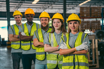 Group of various national engineer professional successful team corporate workers standing in factory, teamwork technician inspector of manufacturing industry workplace, foreman occupation job - 763442590