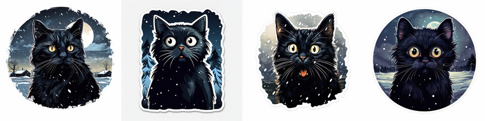 Stunned Black Cat in Snowfall Against Dark Sky - Adorable feline with wide eyes and open mouth amidst winter landscape expressing shock and surprise, perfect sticker material. - obrazy, fototapety, plakaty