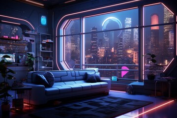 Cyberpunk futuristic interior design featuring minimalistic yet functional aesthetics - obrazy, fototapety, plakaty