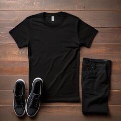 Stylish Outfit with Black T-Shirt and Folded Pants on a Classic Wooden Background, Shoes Artfully Placed in Bottom Left