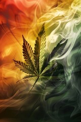Background with single marijuana leaf and smoke clouds in Rasta colors. Rasta bliss: leaf and smoke...