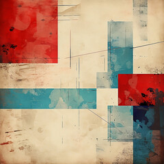 An abstract background with grunge texture and flat color blocks in shades of red, blue, beige, cream and brown, 1:1.