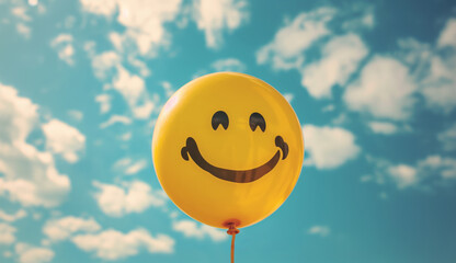 Bright yellow balloon with a smiley face against a blue sky with clouds, symbolizing happiness and positivity.
