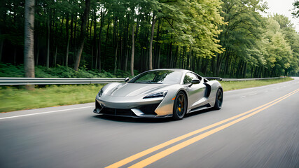 Luxury sports car on the road in the forest, motion blur