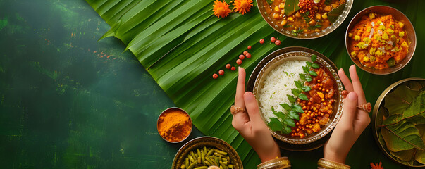 Copper dishes with national Indian food in hands on background of banana leaf. Onam Sadhya. Indian...