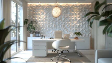 3D Rendering Sleek office interior with white desk, chair, and pendant lamp