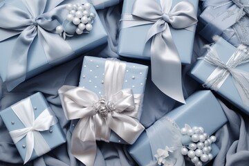Elegant silver and blue holiday gift wrapping flatlay with satin bows, gift tags, and a touch of sparkle
