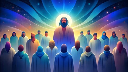Futuristic and colorful design of Jesus Christ with his apostles.Holy Week Concept - obrazy, fototapety, plakaty