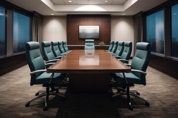 Executive conference room with a large table and high back chairs