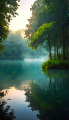 Fototapeta na wymiar morning on the lake with beautiful green trees