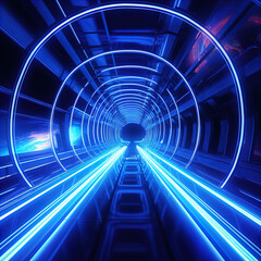 Dazzling Blue Neon Digital Tunnel - Cybernetic Space Journey