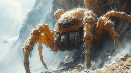 Majestic Mechanical Spider Amidst Rugged Mountains: A Sci-Fi Fantasy Art - obrazy, fototapety, plakaty