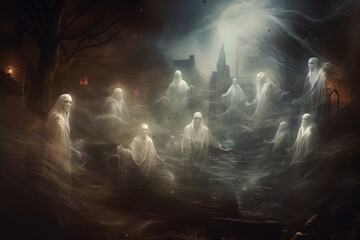 Ghostly apparitions floating through a graveyard. Halloween horror background