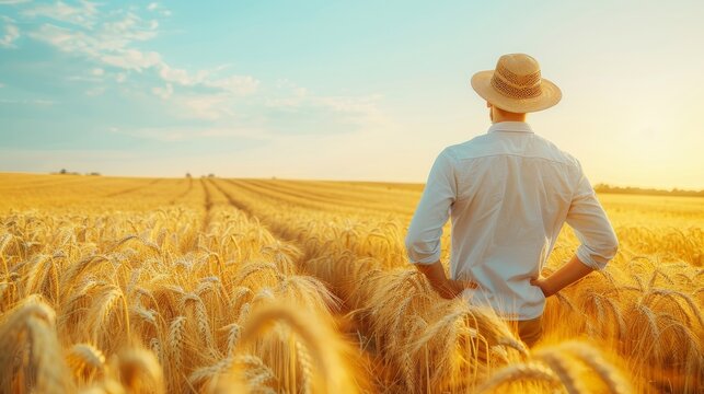 Man farmer stands in a golden wheat field, checking the progress of harvest.