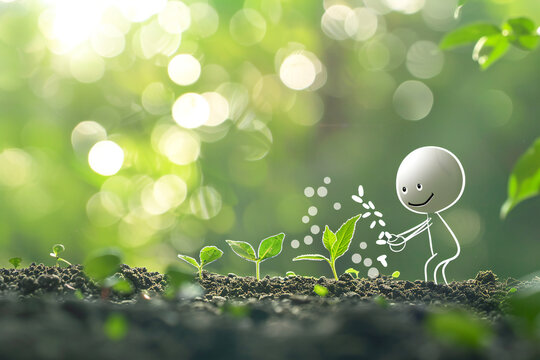 white figure with a smile on his face points with plants, tree, forest, national arbor day, lights