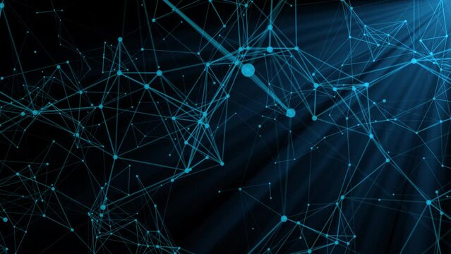 Abstract plexus tech background with glowing blue and yellow connecting lines and dots or nodes. Digital data network connectivity concept. This modern technology video is full HD and seamless loop