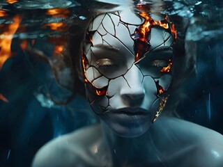 Underwater portrait. Fire and water. A cracked porcelain mask, water and fire licking a woman's face, secrets whispered in the depths of the surreal. The beauty of fracture, the ethereal dance.  - obrazy, fototapety, plakaty
