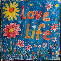 Black board with motivational inscription on the table. Love your life. Hand drawn. Bright colorfull picture of flowers drawn with chalk on a blackboard