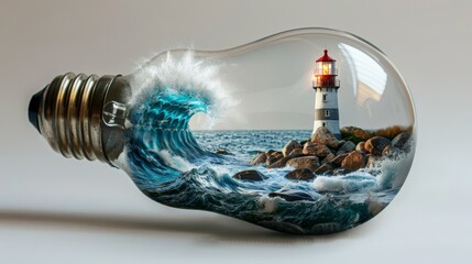 a lightbulb on it's side, inside is a lighthouse ocean waves, isolated background