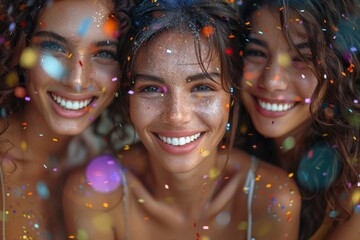 Three joyful female friends celebrate with confetti, showcasing happiness and friendship