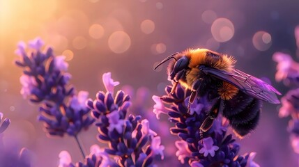 Naklejka premium Bumblebee Pollinating Lavender Flowers at Dusk