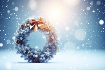 Naklejka na ściany i meble Merry Christmas text on a snowy background with a glowing wreath.
