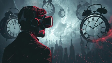 A man wearing an VR travels through time. Science and technology style   - obrazy, fototapety, plakaty